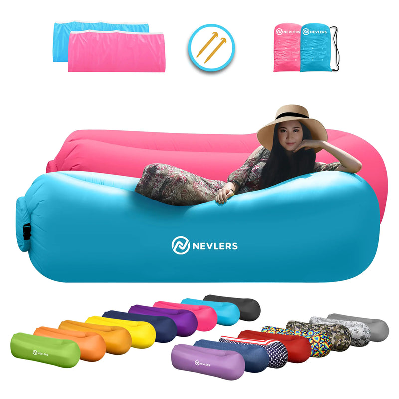 Nevlers 2 Pk Blue & Pink Inflatable Loungers Air Sofa Perfect for Beach Chair Camping Chairs or Portable Hammock & Includes Travel Bag Pouch and Pockets | Camping Accessories Blow up Lounger